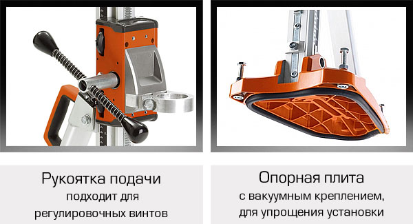 Рукоятка подачи и комбинированная опорная плита у стойки бурения